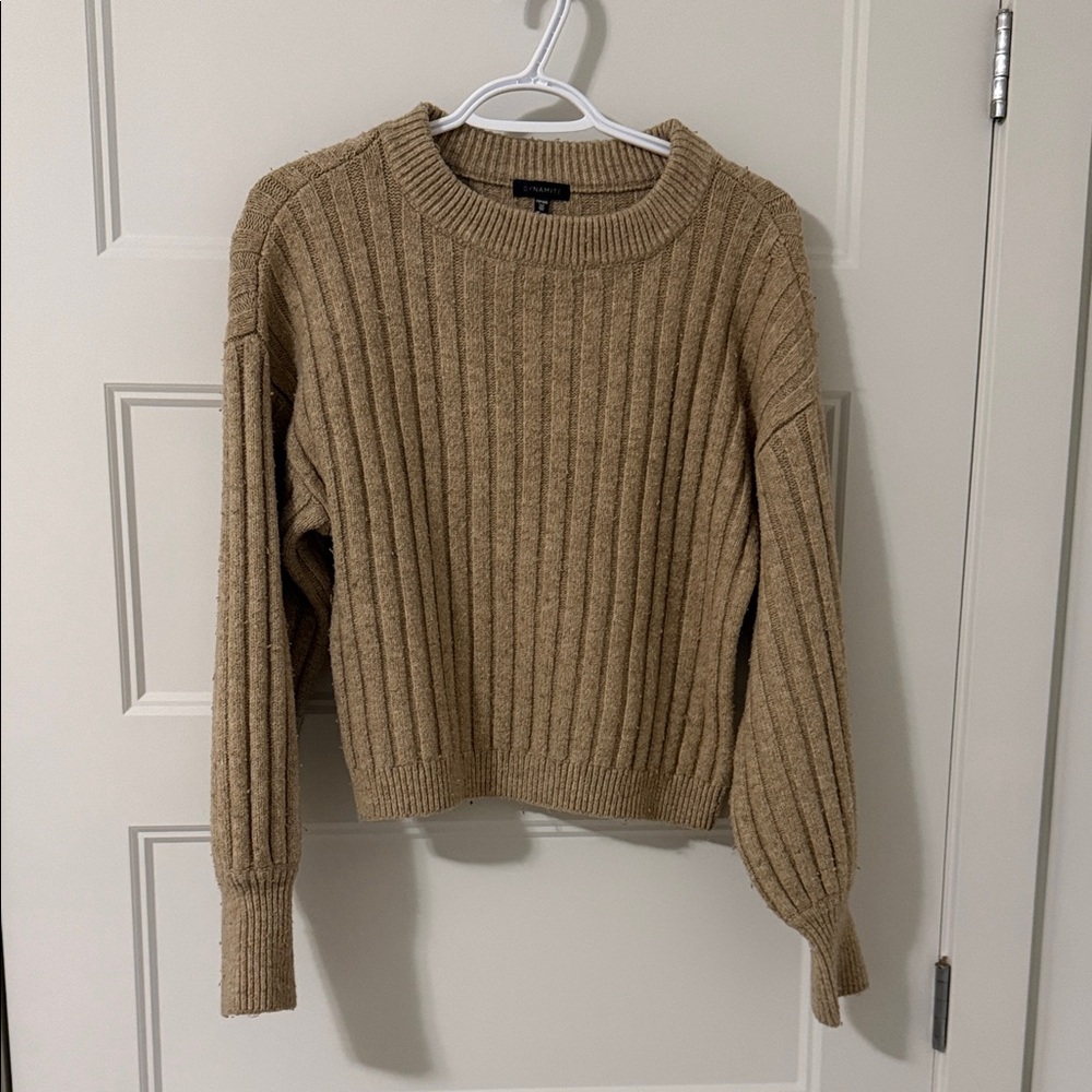 Dynamite Camel Ribbed Crew Neck Sweater